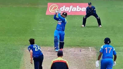 Vaibhav Suryavanshi hits a six during his whirlwind innings