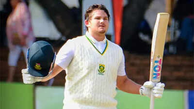 Lhuan-dre Pretorious celebrates his record-breaking century.