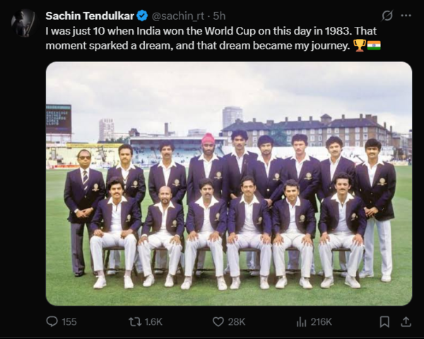 Sachin Tendulkar's heartfelt message about the 1983 World Cup victory